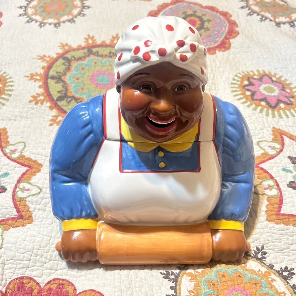 Vintage CLAY ART BAKING TIME COOKIE JAR-COOK WITH ROLLING PIN-EXC.